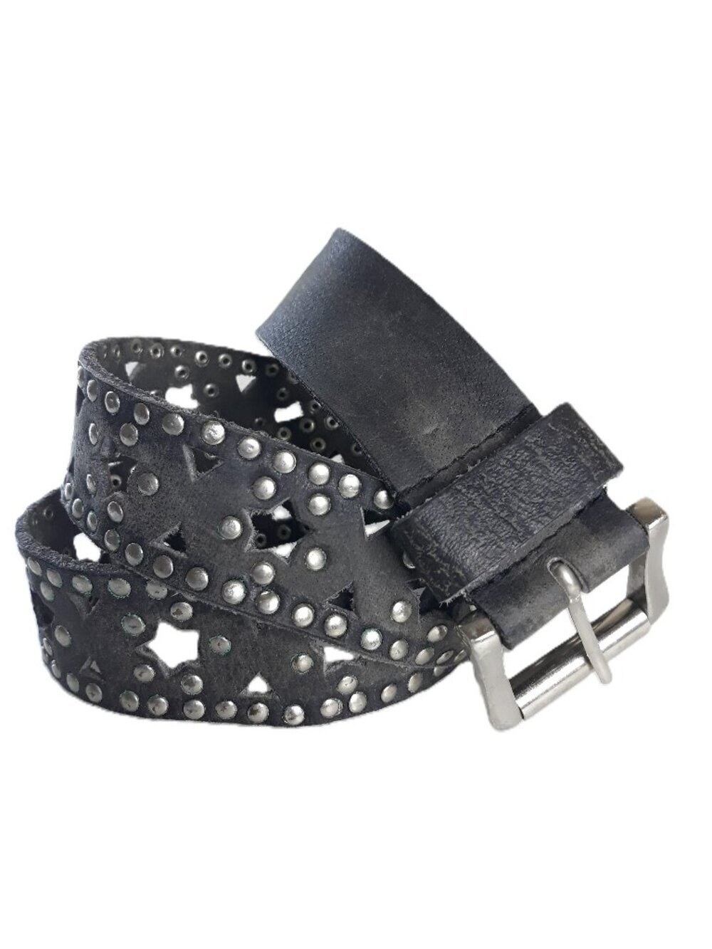 Gray Leather Brass Studded Star Belt & Brass Buckle Grunge Goth Biker Punk